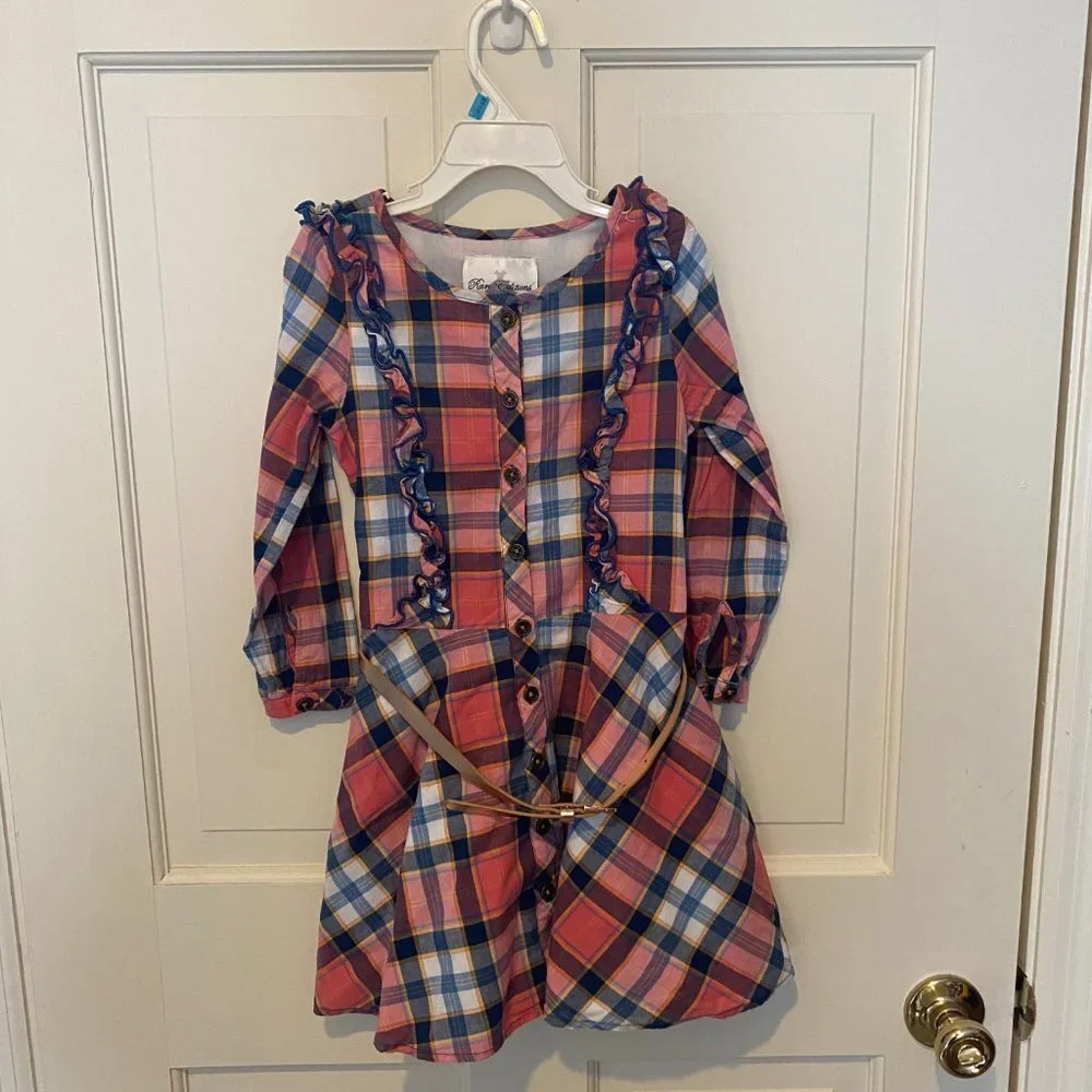 Rare Editions Pink Plaid Cotton Ruffle Dress Kids 5 - Picture 2 of 4
